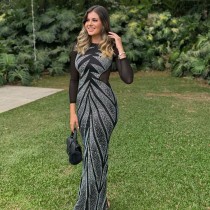 Hot Drill Splicing Back Split Maxi Dress NY-3189