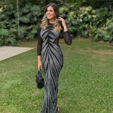 Hot Drill Splicing Back Split Maxi Dress NY-3189
