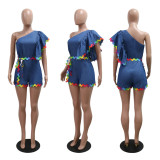 Slash Shoulder Wave webbing Splicing Denim Romper CYA-901255