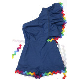 Slash Shoulder Wave webbing Splicing Denim Romper CYA-901255