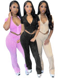 Short Sleeve Wash Zipper Tops Flare Pant 2 Piece Set CH-24035