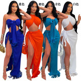 Cross Wrap Chest  High Split Tassel Long Skirt Suit CYA-901225