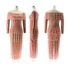 Houndstooth Spring One Shoulder Maxi Dress SFY-478