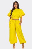 Solid Loose Short Sleeve Tie Up Two Piece Pants Set WAF-77671