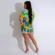 Printed Wave Lace Short Sleeve Shirt Two Piece Short Set YNSF-2650