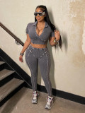 Wash Lapel V Neck Two Piece Pants Set CH-24036