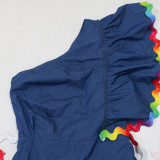 Slash Shoulder Wave webbing Splicing Denim Romper CYA-901255