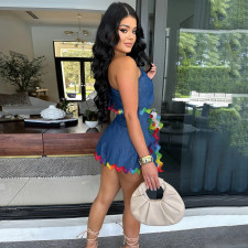 Slash Shoulder Wave webbing Splicing Denim Romper CYA-901255