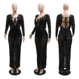 See Through Lace Backless Maxi Dress CYA-901243