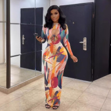 Print Long Sleeve Hollow Out Maxi Dress NY-10808