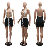 Print Patchwork Deep V Neck Backless Mini Dress CYA-901248
