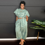 Solid Loose Short Sleeve Tie Up Two Piece Pants Set WAF-77671