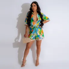 Printed Wave Lace Short Sleeve Shirt Two Piece Short Set YNSF-2650