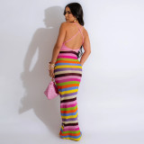 Sexy Backless Sling Stripe Print Maxi Dress CYA-901232