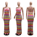 Sexy Backless Sling Stripe Print Maxi Dress CYA-901232