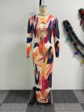 Print Long Sleeve Hollow Out Maxi Dress NY-10808