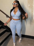 Wash Lapel V Neck Two Piece Pants Set CH-24036