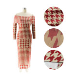 Houndstooth Spring One Shoulder Maxi Dress SFY-478