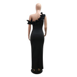 Solid Color Single Shoulder Pleated Evening Dress CYA-901219
