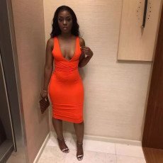 Solid Sleeveless Deep V Neck Midi Dress LSL-0004