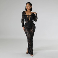 See Through Lace Backless Maxi Dress CYA-901243