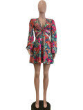Floral Deep V Flared Sleeve Tie Up Mini Dress QODY-6035