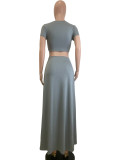 Solid Color Short Sleeve Long Skirt 2 Piece Set QODY-6039