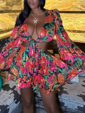 Floral Deep V Flared Sleeve Tie Up Mini Dress QODY-6035