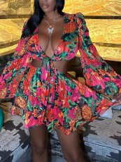 Floral Deep V Flared Sleeve Tie Up Mini Dress QODY-6035
