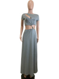 Solid Color Short Sleeve Long Skirt 2 Piece Set QODY-6039