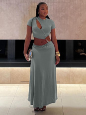 Solid Color Short Sleeve Long Skirt 2 Piece Set QODY-6039