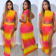 Gradient Color Clash Print Split Long Skirt Suit NY-10803