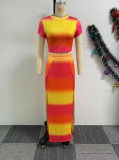 Gradient Color Clash Print Split Long Skirt Suit NY-10803