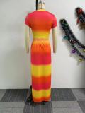 Gradient Color Clash Print Split Long Skirt Suit NY-10803