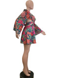 Floral Deep V Flared Sleeve Tie Up Mini Dress QODY-6035