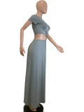 Solid Color Short Sleeve Long Skirt 2 Piece Set QODY-6039