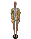 Hollow Out See-through Lapel knit Shorts Set QXTF-83016