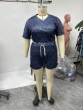 Plus Size Print Short Sleeve Tie Up Two Piece Shorts Set NNWF-7895