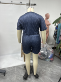 Plus Size Print Short Sleeve Tie Up Two Piece Shorts Set NNWF-7895