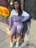 Contrast Color Long Sleeve Hooded 2 Piece Shorts Set CH-24039