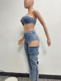 Sexy Wrap Chest Hollow Out Pants Denim 2 Piece Set NYF-8175