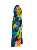 Print Halter Tie Up Backless Maxi Dress ZDF-31337
