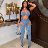 Sexy Wrap Chest Hollow Out Pants Denim 2 Piece Set NYF-8175