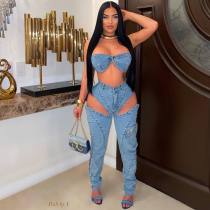 Sexy Wrap Chest Hollow Out Pants Denim 2 Piece Set NYF-8175