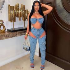Sexy Wrap Chest Hollow Out Pants Denim 2 Piece Set NYF-8175