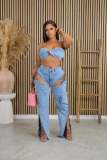 Sexy Wrap Chest Hollow Out Pants Denim 2 Piece Set NYF-8175