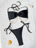 Solid Chain Splicing Tie Up Bikinis 2 Piece Swimsuit CASF-6699