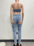 Sexy Wrap Chest Hollow Out Pants Denim 2 Piece Set NYF-8175