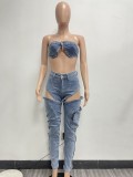 Sexy Wrap Chest Hollow Out Pants Denim 2 Piece Set NYF-8175