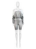 Contrast Color Long Sleeve Hooded 2 Piece Shorts Set CH-24039